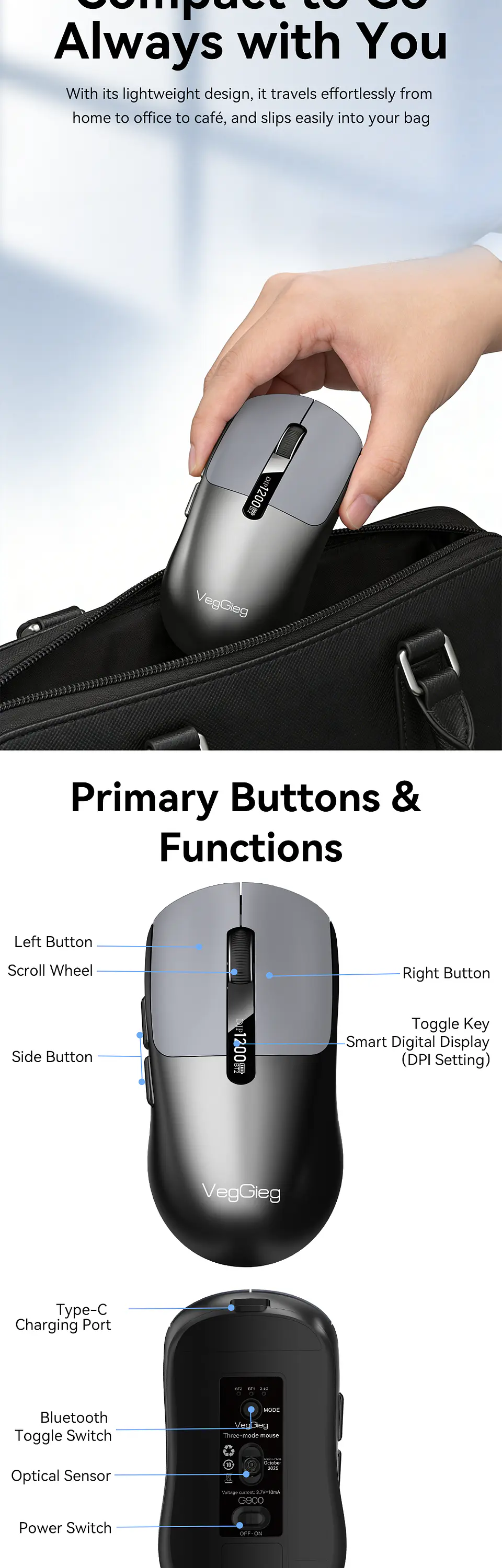Mouse Inalámbrico VegGieg G900 | Bluetooth + 2.4 GHz | 3600 DPI | Pantalla Digital | Recargable 15
