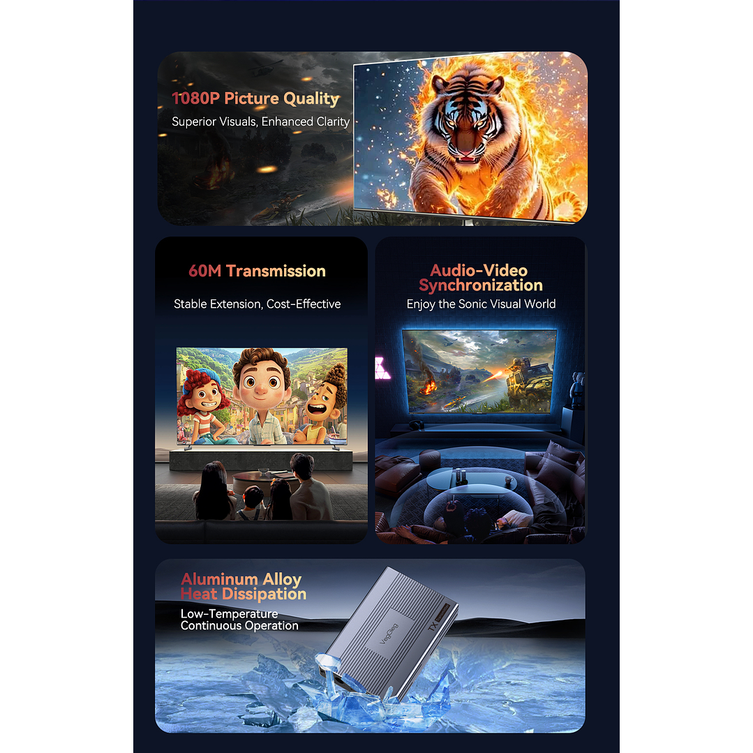 Extensor HDMI por Red 60 m VegGieg V-HE60 | HDMI a LAN Cat5e/6 | Full HD 1080p | Plug & Play 6