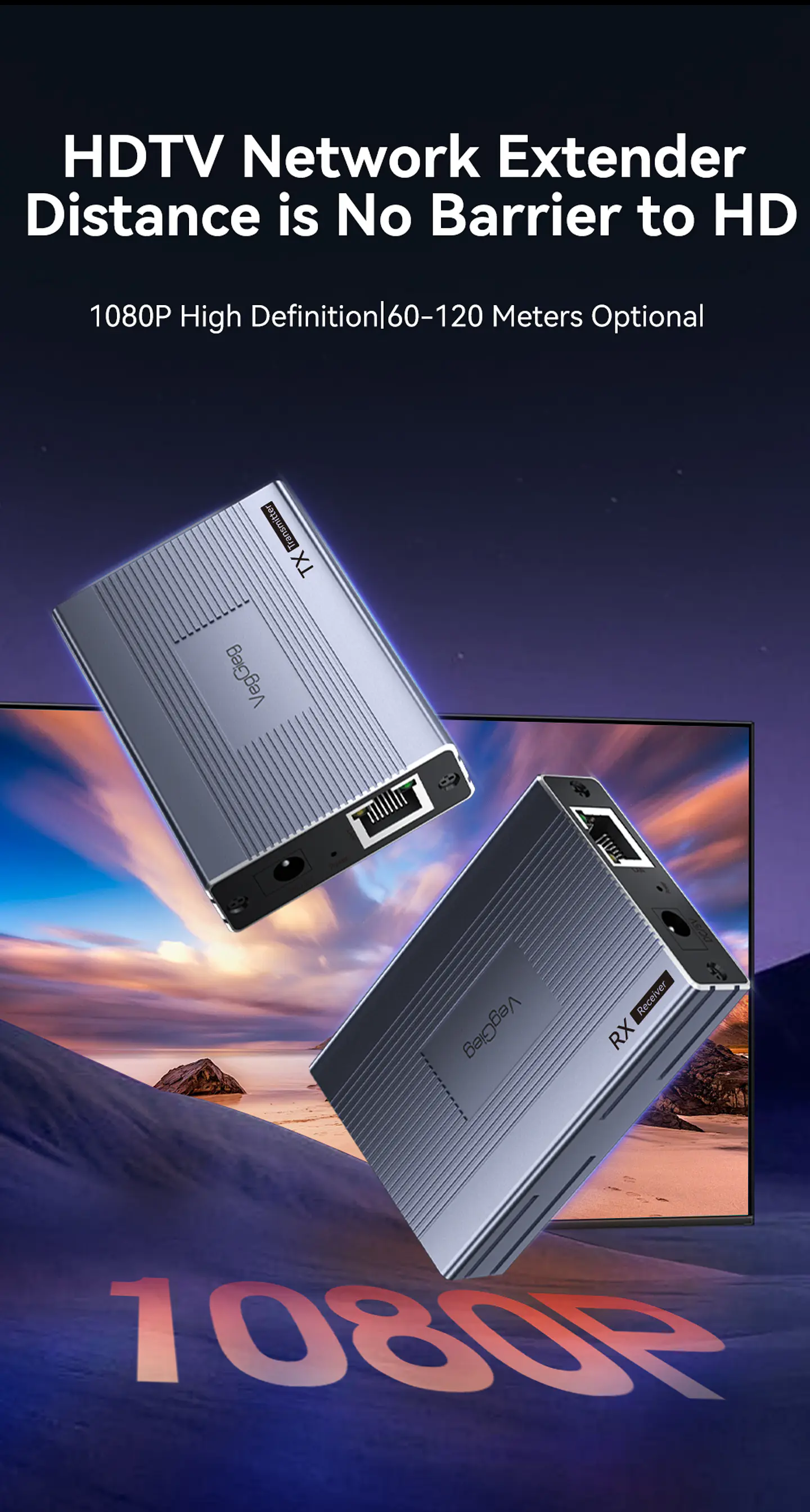 Extensor HDMI por Red 60 m VegGieg V-HE60 | HDMI a LAN Cat5e/6 | Full HD 1080p | Plug & Play 8