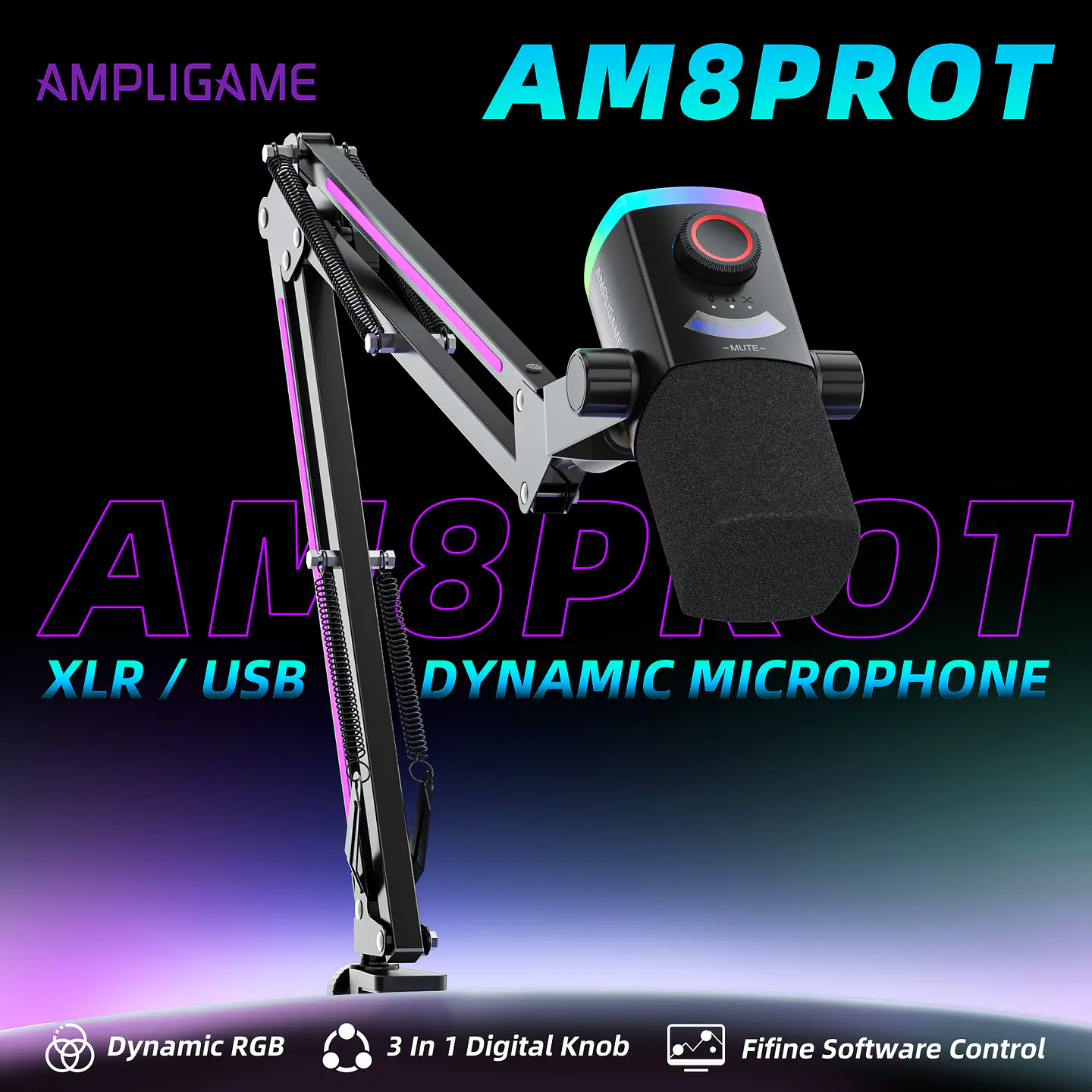 Microfono Fifine AM8PROT USB XLR Dinamico RGB Con Brazo Podcast Streaming Gaming YouTube Twitch TikTok Cardioide Monitoreo Tiempo Real PC PS5 Estudio Profesional 3