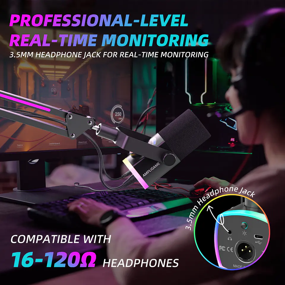 Microfono Fifine AM8PROT USB XLR Dinamico RGB Con Brazo Podcast Streaming Gaming YouTube Twitch TikTok Cardioide Monitoreo Tiempo Real PC PS5 Estudio Profesional 7
