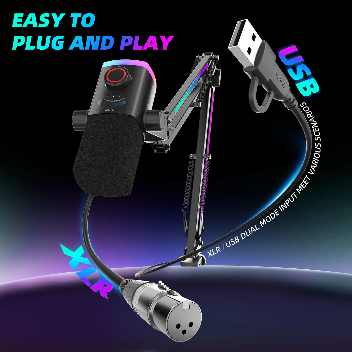 Microfono Fifine AM8PROT USB XLR Dinamico RGB Con Brazo Podcast Streaming Gaming YouTube Twitch TikTok Cardioide Monitoreo Tiempo Real PC PS5 Estudio Profesional 9