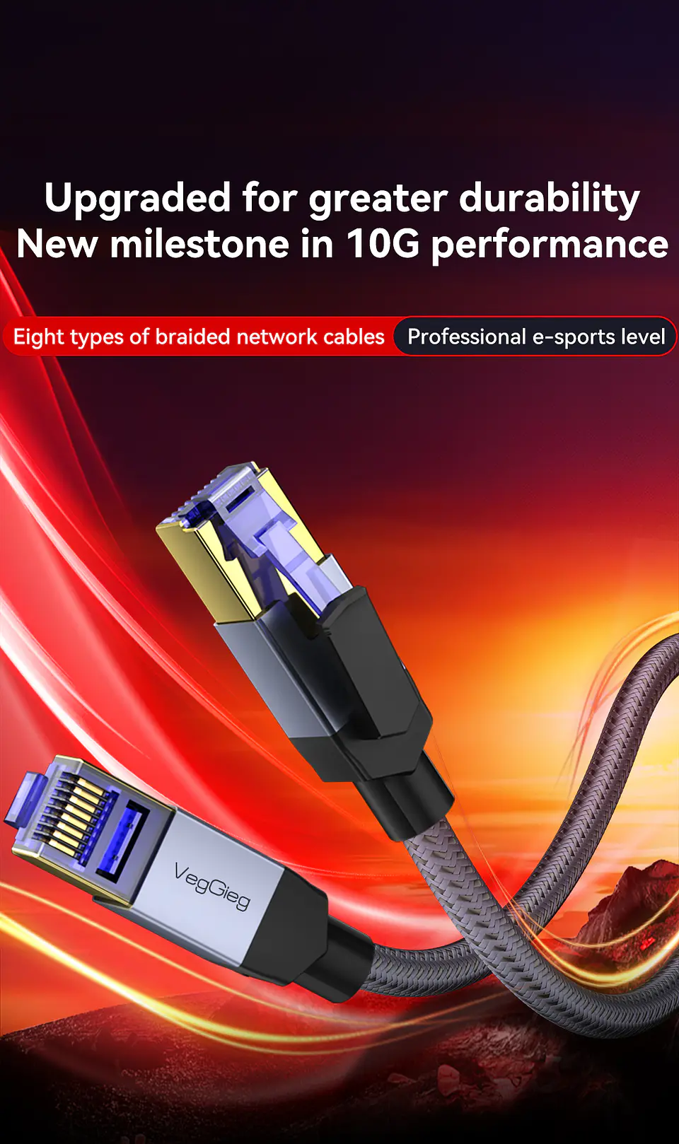 Cable de Red VegGieg CAT8 RJ45 40Gbps 2000MHz Blindado Ethernet Gamer Profesional 2
