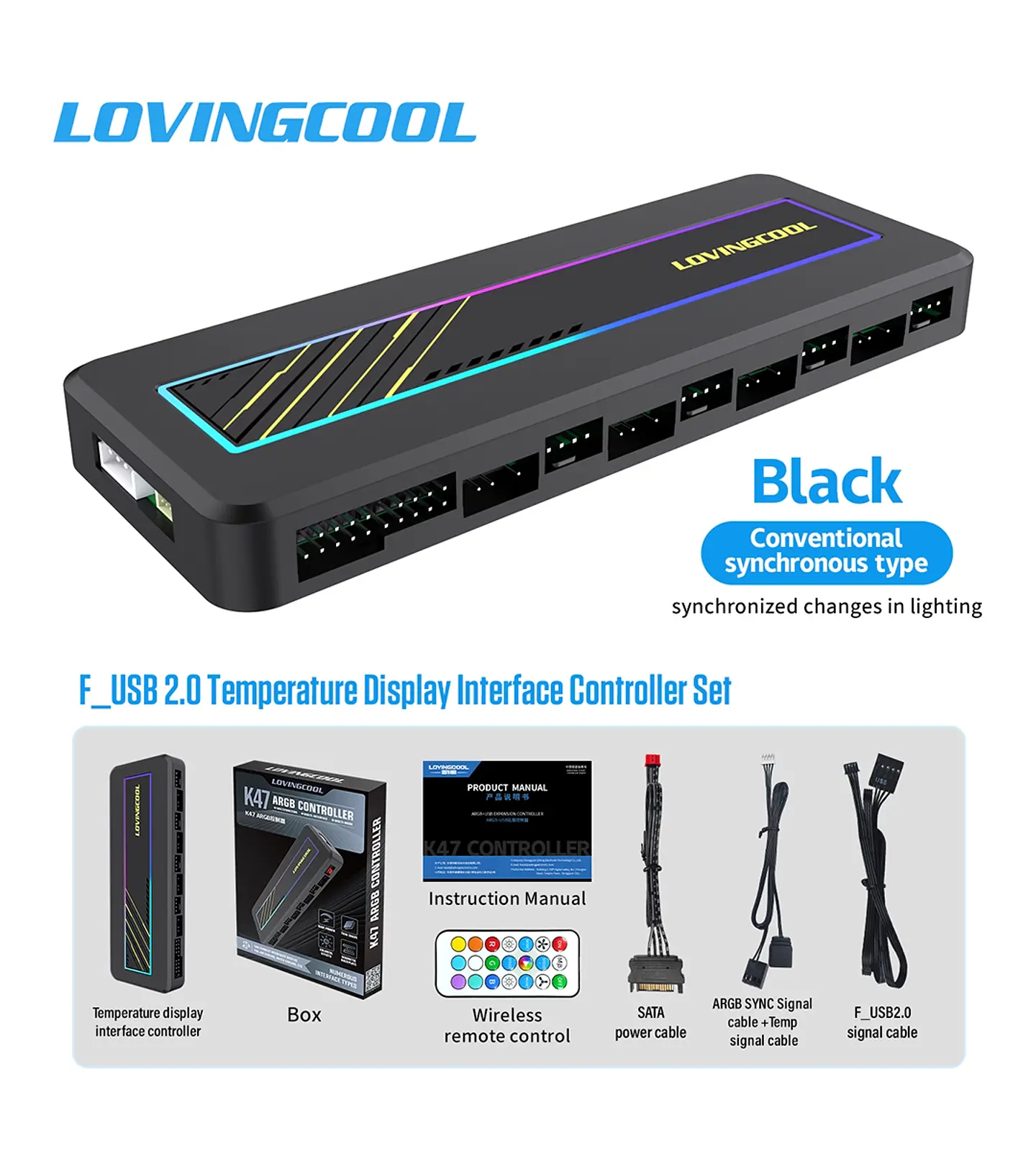 Controlador ARGB Lovingcool K47 Negro para Ventiladores PWM y Luces ARGB 5V 1