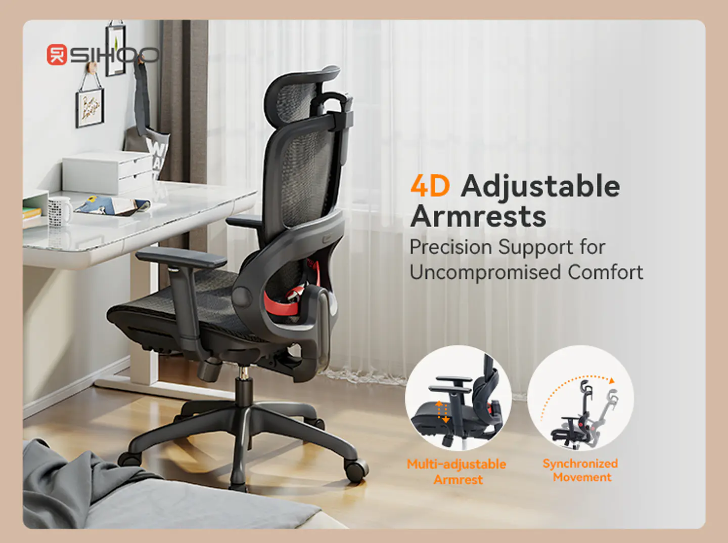 Silla Ergonómica SIHOO B100 Pro | Soporte Lumbar Flotante | Reclinable 135° | Reposabrazos 4D | Malla Premium Oficina / Home Office 2