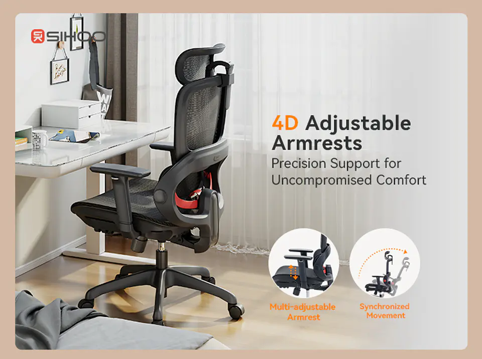 Silla Ergonómica SIHOO B100 Pro | Soporte Lumbar Flotante | Reclinable 135° | Reposabrazos 4D | Malla Premium Oficina / Home Office 2