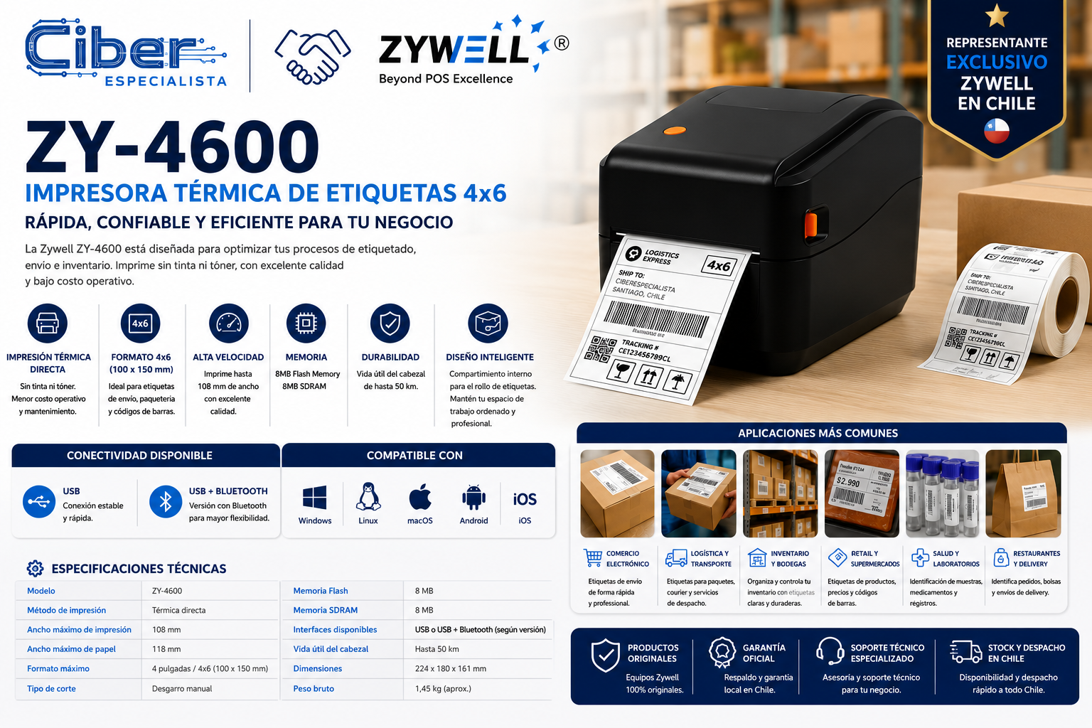 Zywell ZY-4600 la impresora térmica 4x6 que optimiza tus despachos y etiquetado