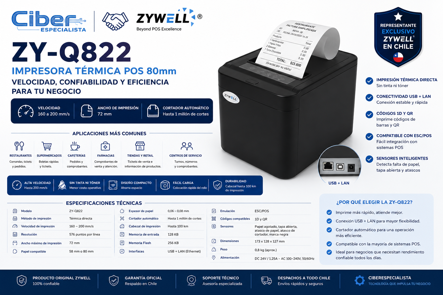 Zywell ZY-Q822: impresora térmica POS de 80 mm y hasta 200 mm/s para negocios