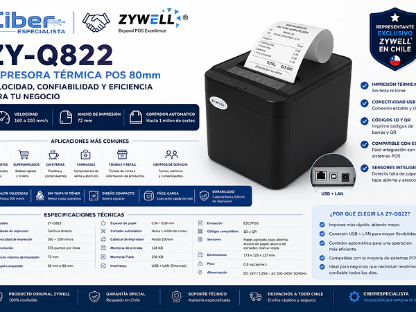 Zywell ZY-Q822: impresora térmica POS de 80 mm y hasta 200 mm/s para negocios