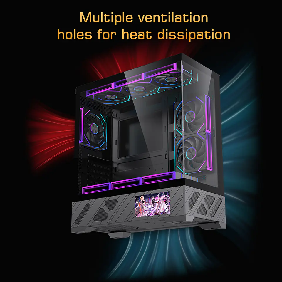 Gabinete Gamer CoreForce A20 ATX con Pantalla LCD 5.5” – Vidrio Panorámico y Hasta 9 Ventiladores 9