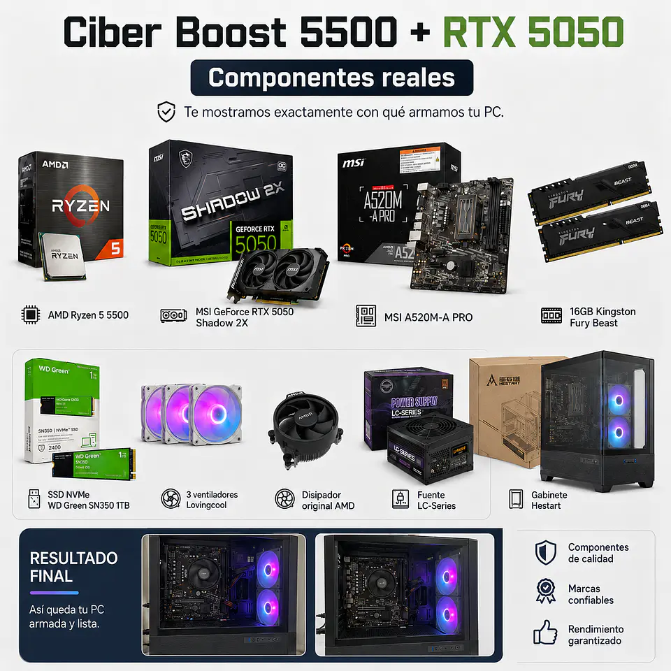 PC Gamer Ciber Gamer Boost Ryzen 5 5500 + RTX 5050 8GB + 16Gb Ram + 1Tb ssd M.2 2