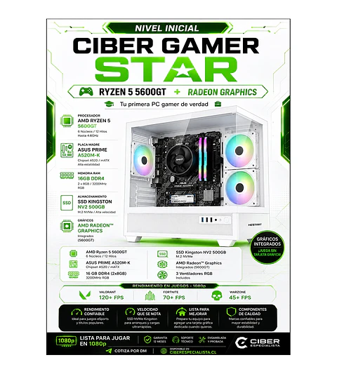 PC Gamer Ciber Star AMD Ryzen 5 5600GT 16GB RAM RGB SSD 500GB