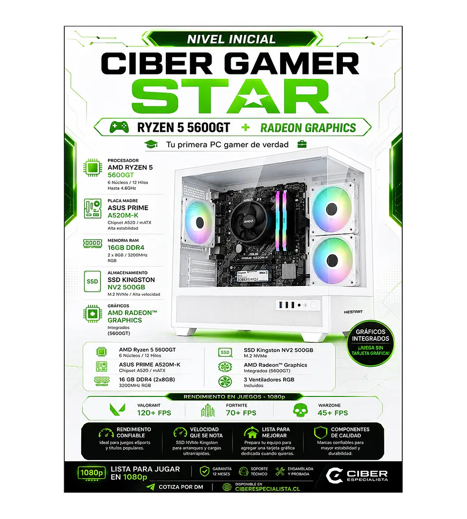 PC Gamer Ciber Star AMD Ryzen 5 5600GT 16GB RAM RGB SSD 500GB 1