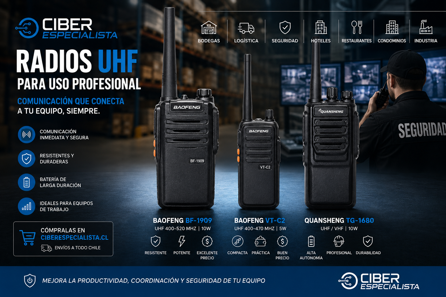 Radios UHF para uso profesional: comunicación segura para bodegas, logística, seguridad, hoteles, restaurantes, condominios e industria