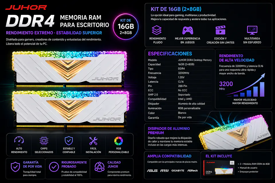 Memoria RAM JUHOR DDR4 Desktop RGB  16GB 3200MHz (2X8GB) 2