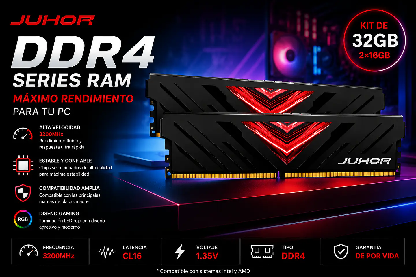 Memoria RAM JUHOR DDR4 Desktop  32GB 3200MHz (2X16GB) 2