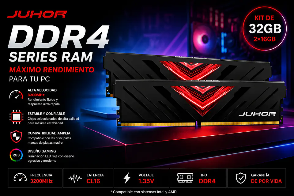 Memoria RAM JUHOR DDR4 Desktop  32GB 3200MHz (2X16GB) 2