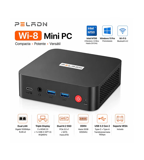 Mini PC PELADN Wi-8 Intel N150 16GB RAM 512GB SSD Windows 11 Pro, Triple Pantalla y Doble LAN