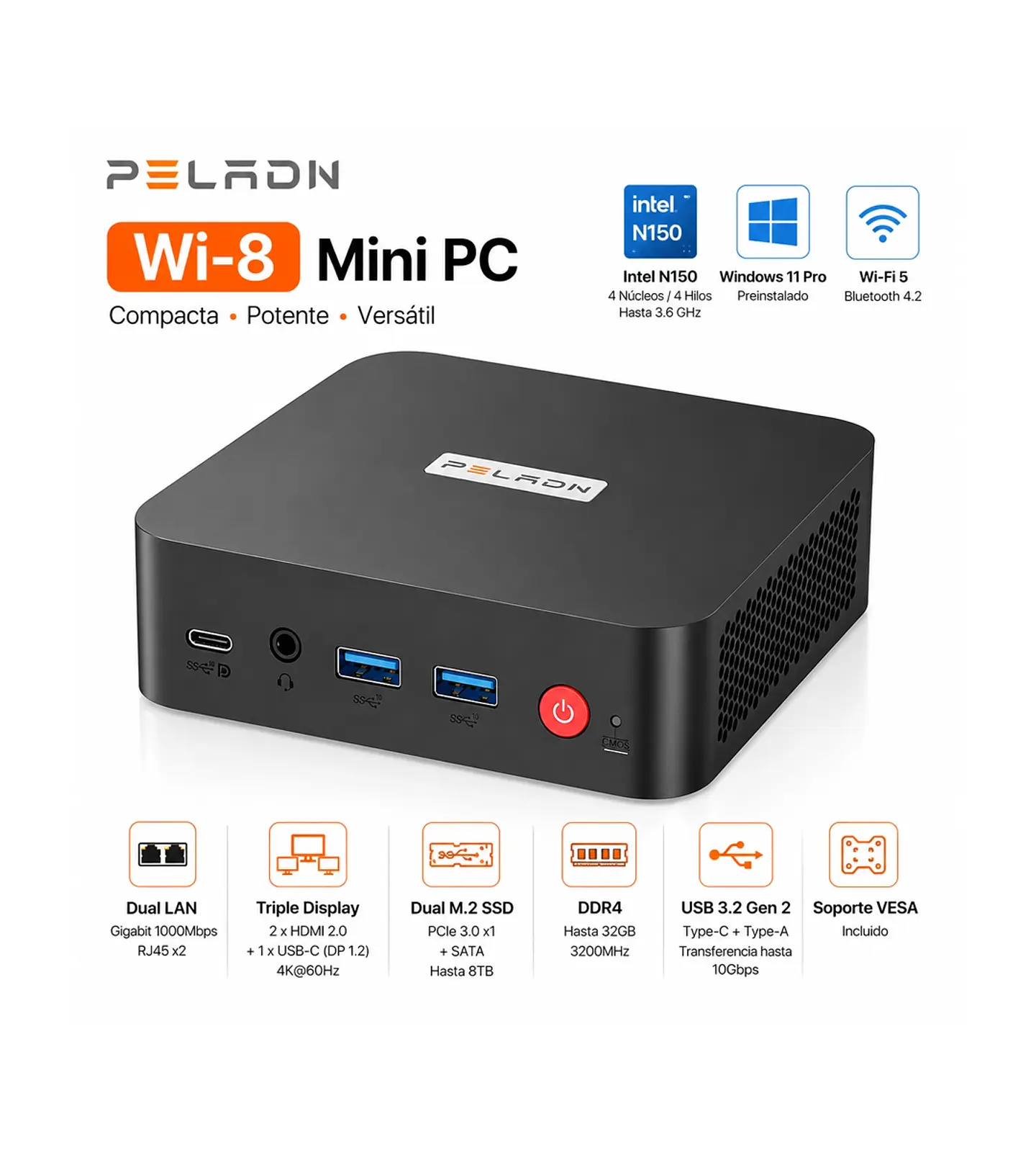 Mini PC PELADN Wi-8 Intel N150 16GB RAM 512GB SSD Windows 11 Pro, Triple Pantalla y Doble LAN 1