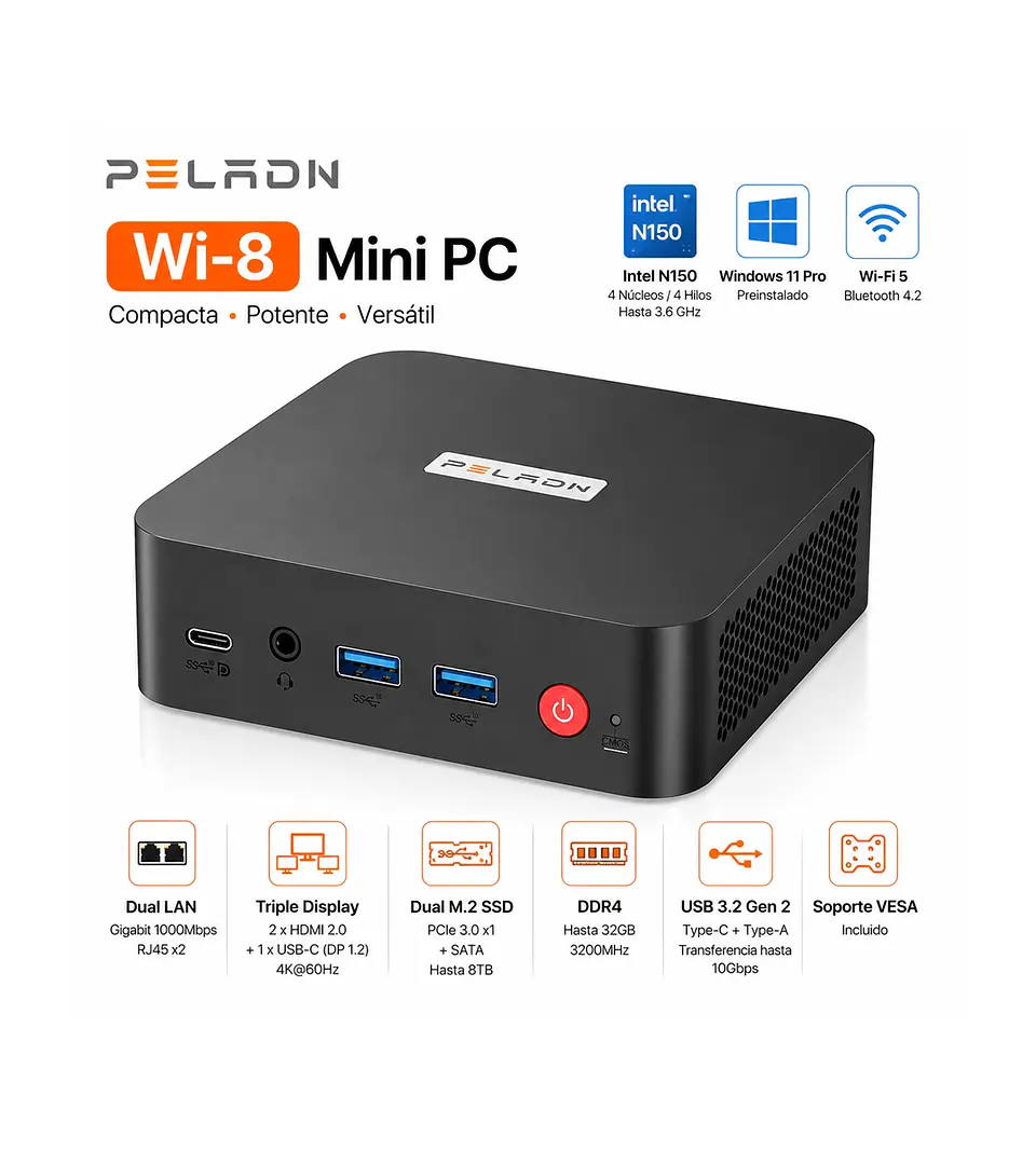 Mini PC PELADN Wi-8 Intel N150 16GB RAM 512GB SSD Windows 11 Pro, Triple Pantalla y Doble LAN 1