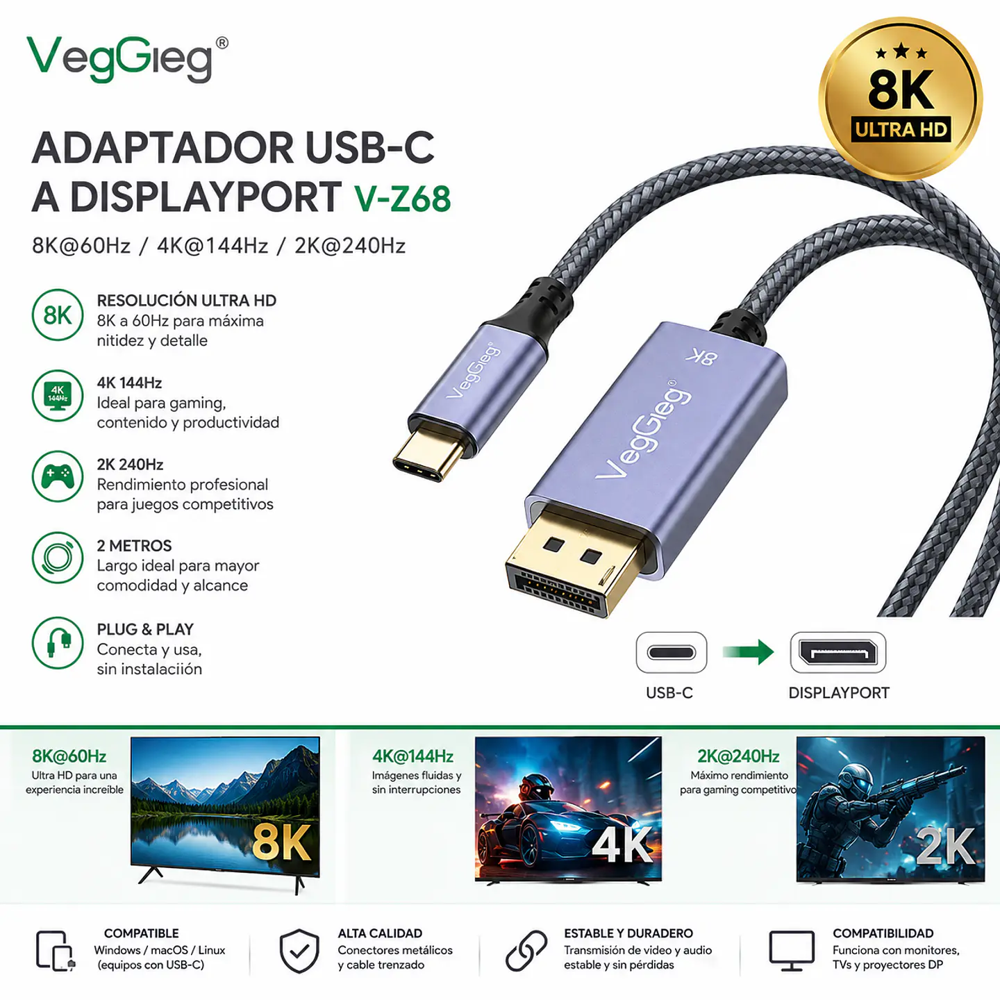 Cable Adaptador Usb-c A Displayport Veggieg 8k 60hz 4k 144hz 3