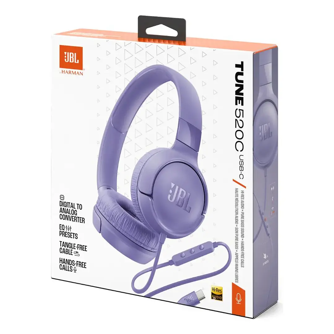 Audífonos Cableados JBL Tune 520C USB-C On-Ear Hi-Res Pure Bass con Micrófono y Control 18