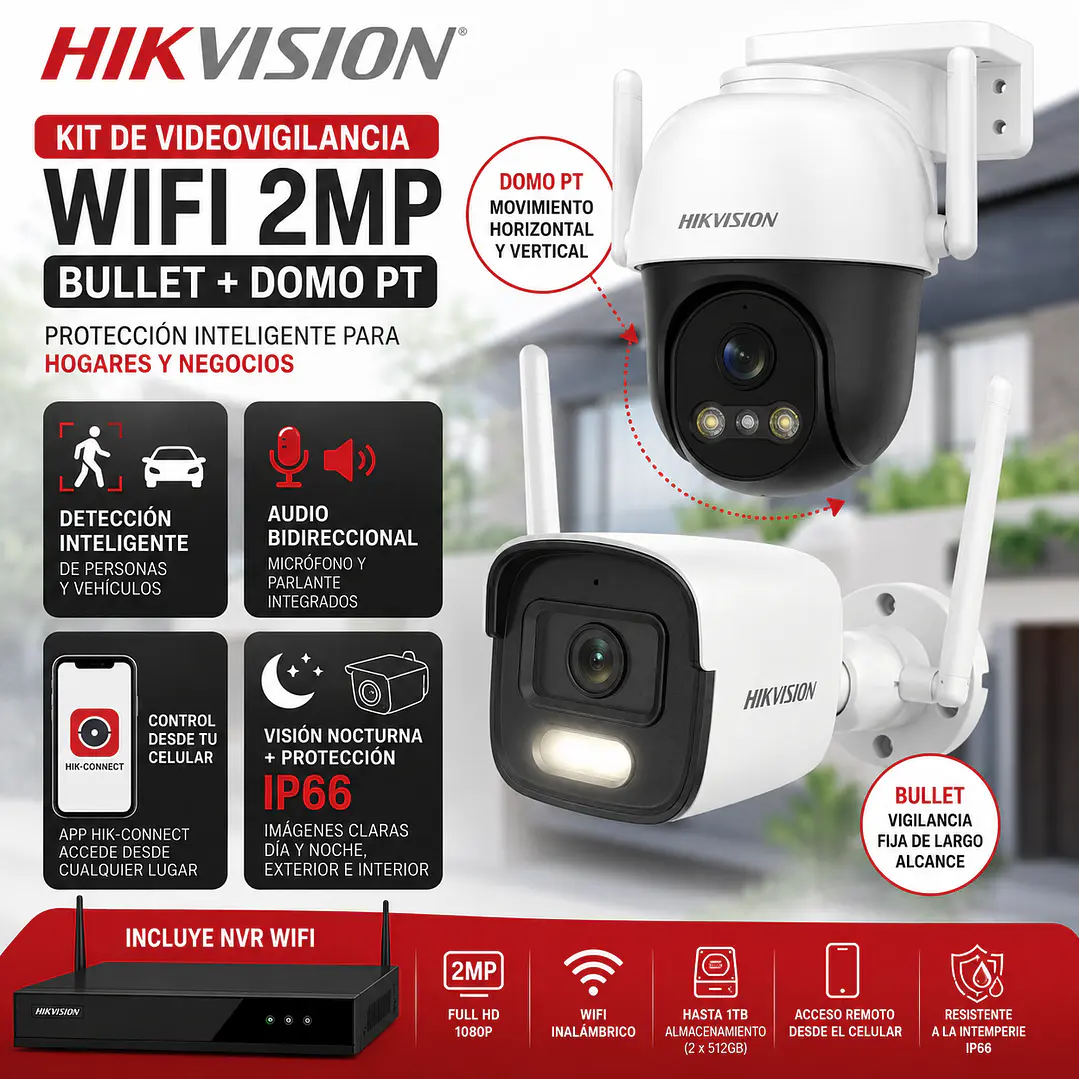 Kit de Seguridad Hikvision NKS422WBPH 2MP WiFi con Cámara Bullet, Domo PT, Audio Bidireccional y NVS de 4 Canales 2