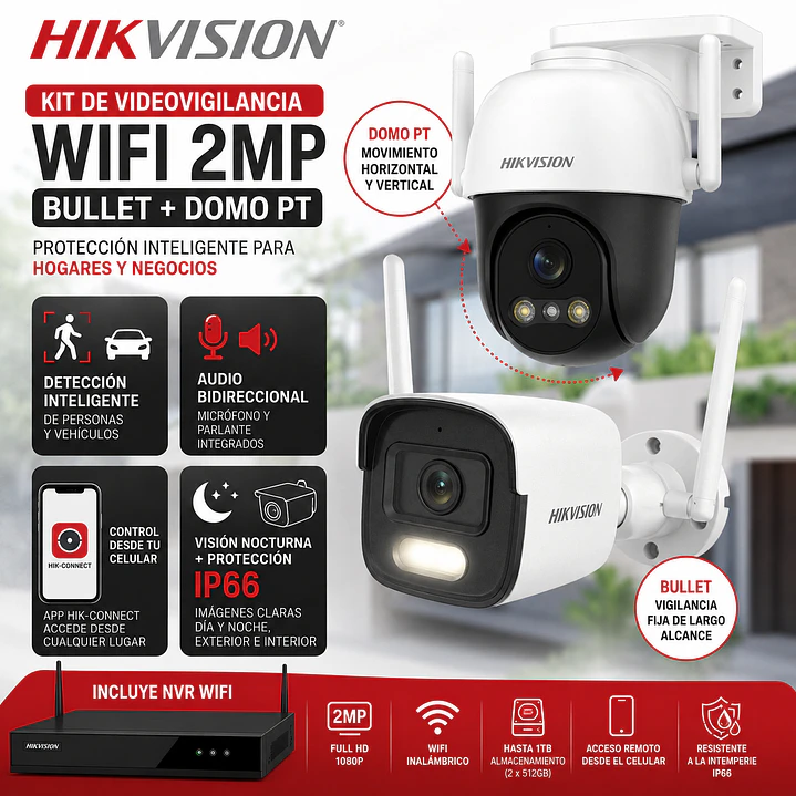 Kit de Seguridad Hikvision NKS422WBPH 2MP WiFi con Cámara Bullet, Domo PT, Audio Bidireccional y NVS de 4 Canales 2