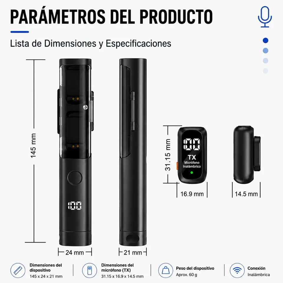 Micrófono Inalámbrico Doble 7019 USB-C con Base de Carga Reducción de Ruido con Estuche 10