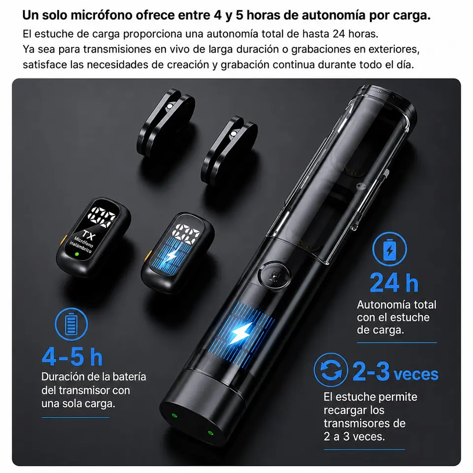 Micrófono Inalámbrico Doble 7019 USB-C con Base de Carga Reducción de Ruido con Estuche 9
