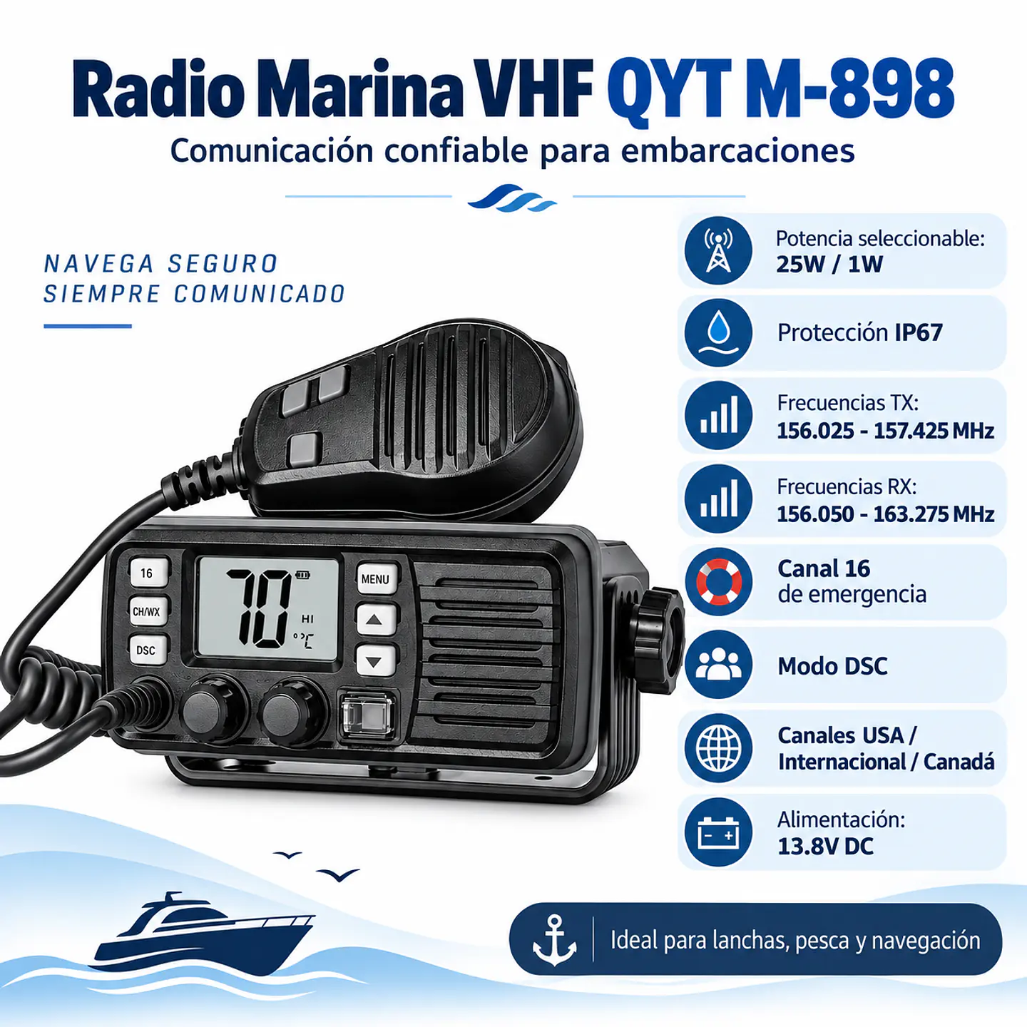 Radio Marina QYT M-898 VHF 25W IP67 DSC Para Embarcación 2