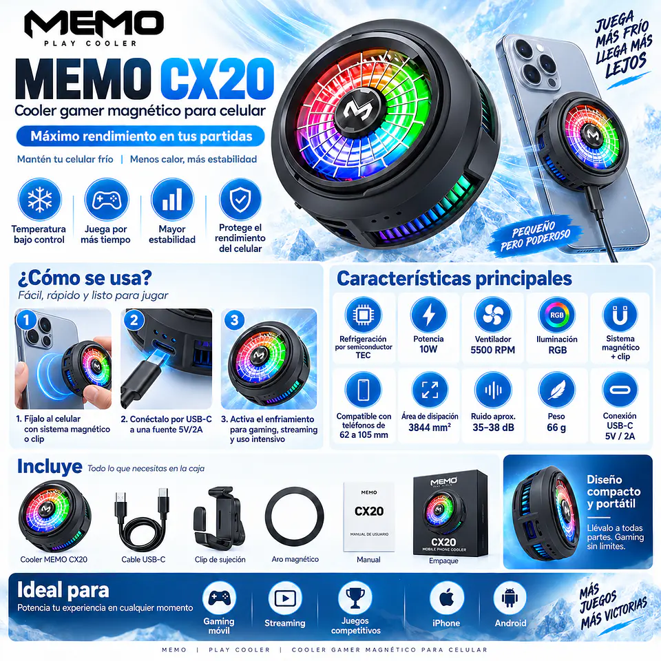 Cooler Gamer Celular MEMO CX20 Magnético Semiconductor 10W RGB USB-C 5500RPM Clip Para iPhone Android 3