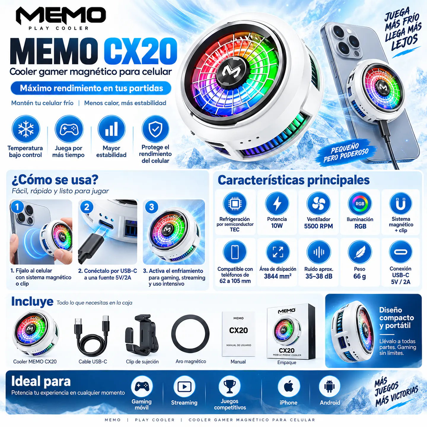 Cooler Gamer Celular MEMO CX20 Magnético Semiconductor 10W RGB USB-C 5500RPM Clip Para iPhone Android 4