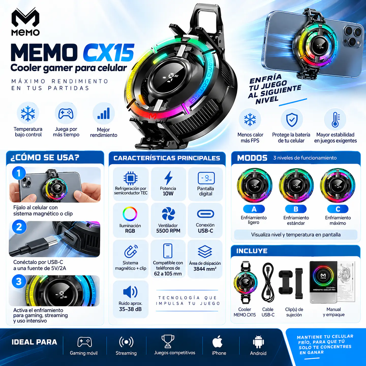 Cooler Gamer MEMO CX15 RGB 10W Magnético para Celular iPhone Android 2