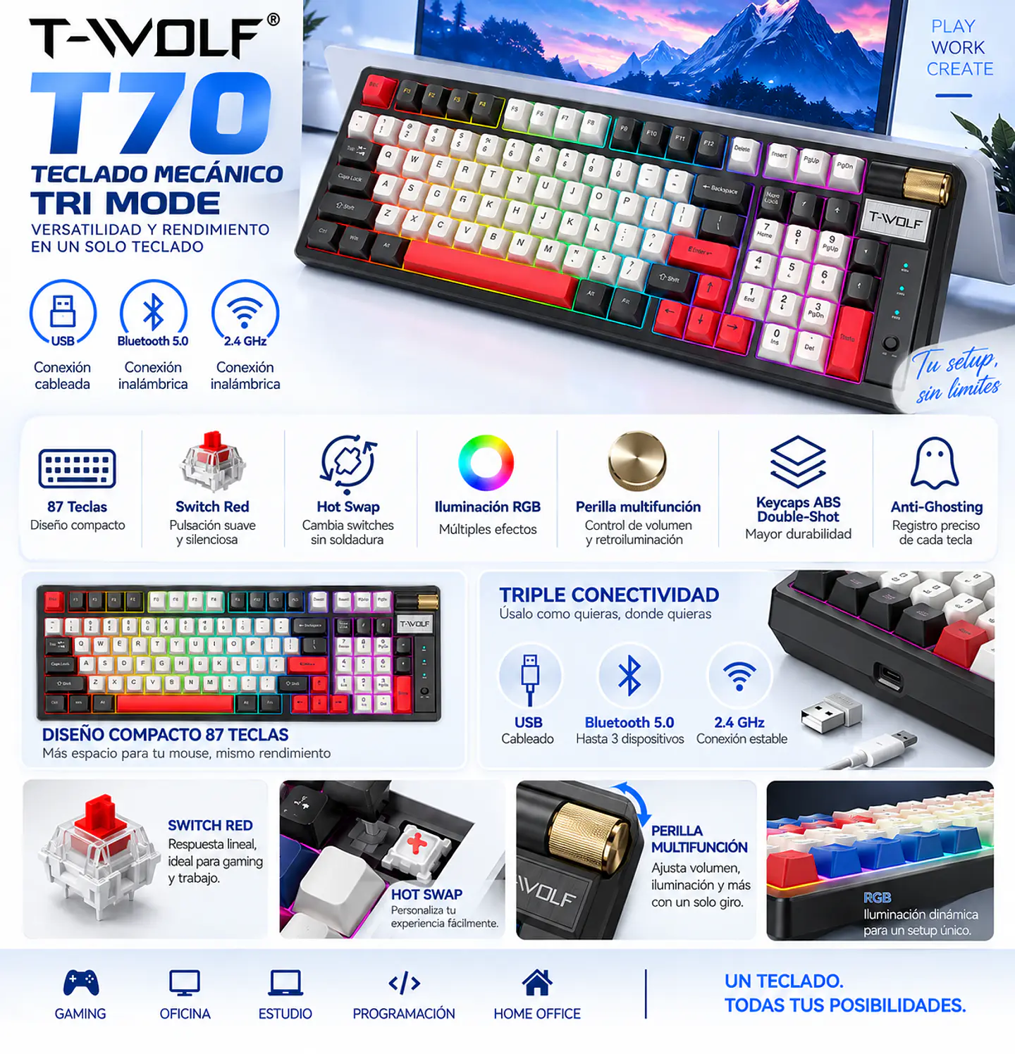 Teclado Mecánico Gamer T-Wolf T70 RGB Tri Mode Hot Swap 7