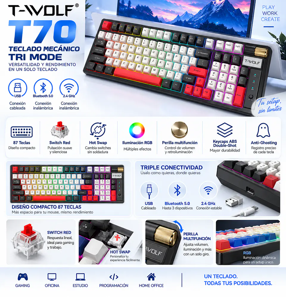 Teclado Mecánico Gamer T-Wolf T70 RGB Tri Mode Hot Swap 7