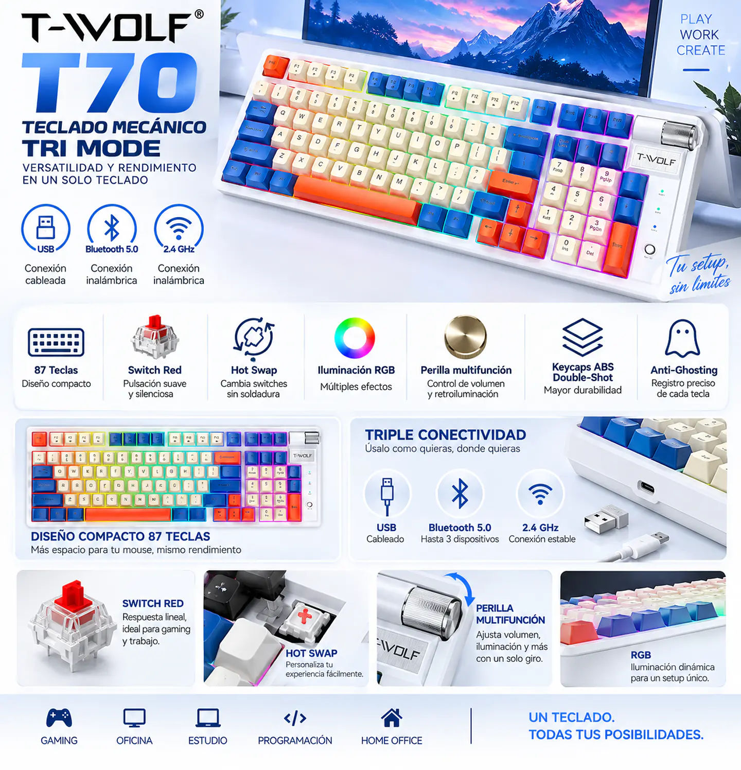 Teclado Mecánico Gamer T-Wolf T70 RGB Tri Mode Hot Swap 8