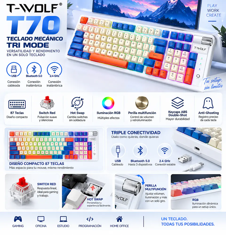 Teclado Mecánico Gamer T-Wolf T70 RGB Tri Mode Hot Swap 8