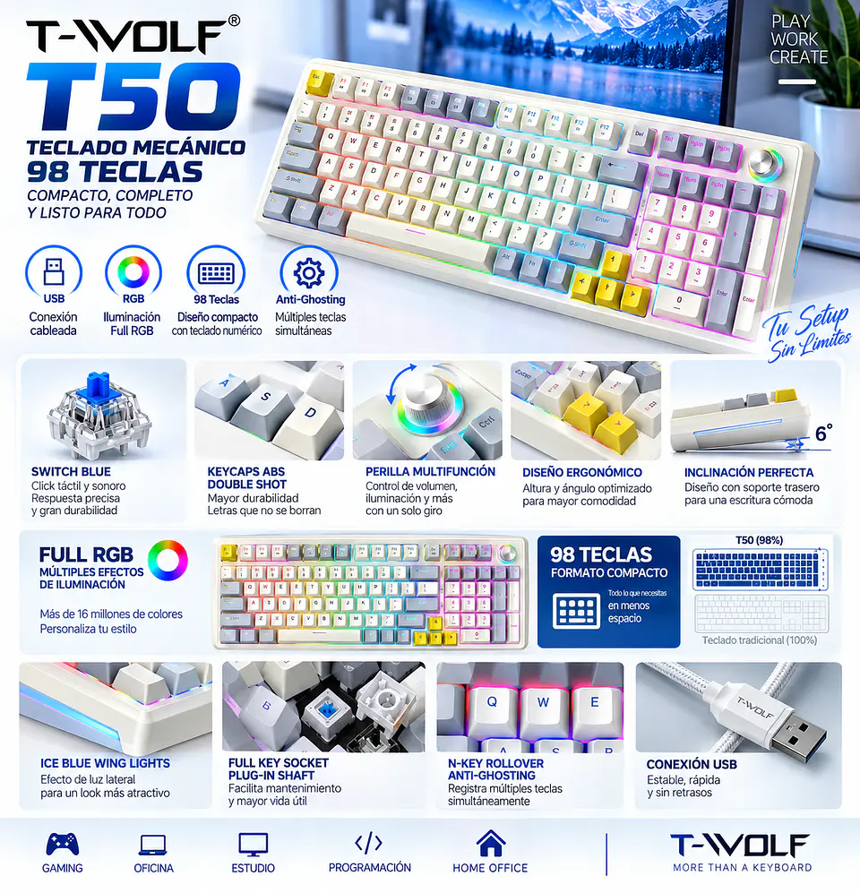 Teclado Mecánico Gamer T-Wolf T50 RGB 98 Teclas Compacto 7