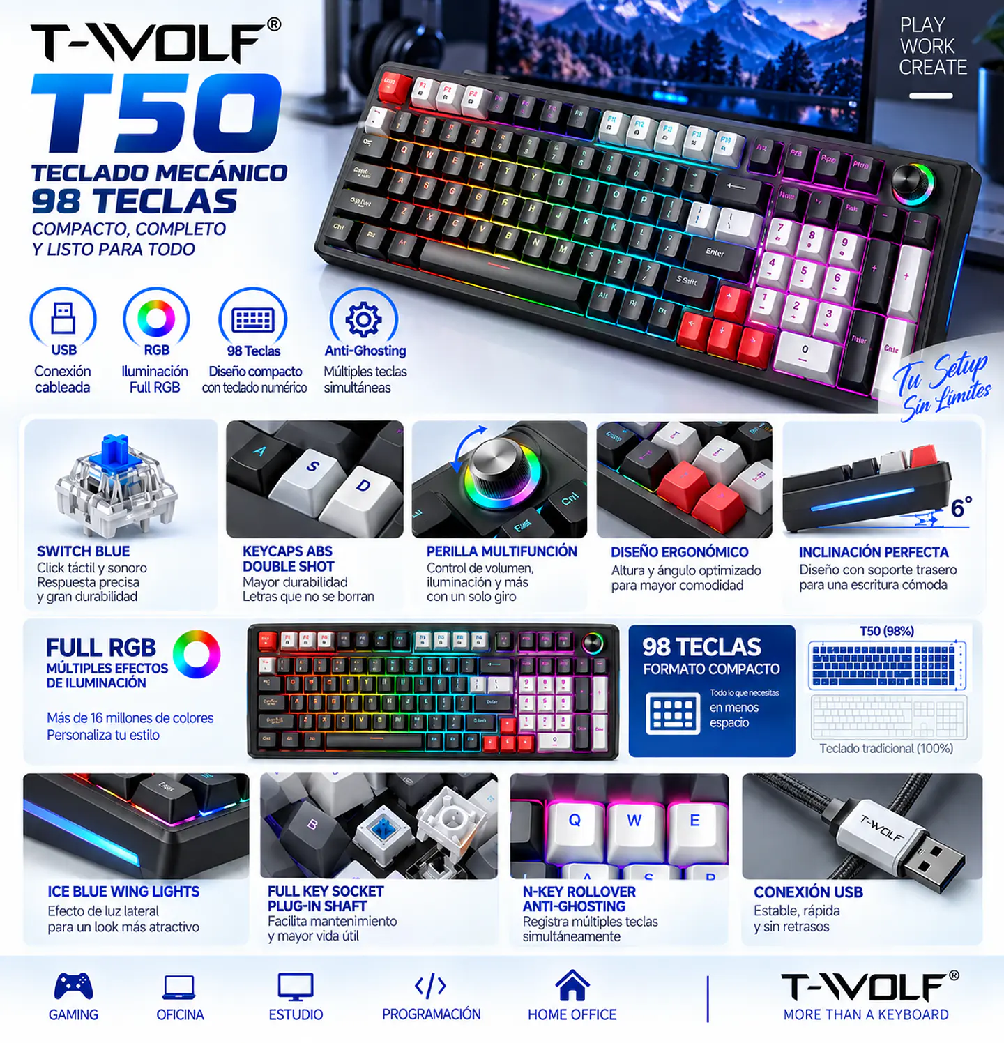 Teclado Mecánico Gamer T-Wolf T50 RGB 98 Teclas Compacto 8
