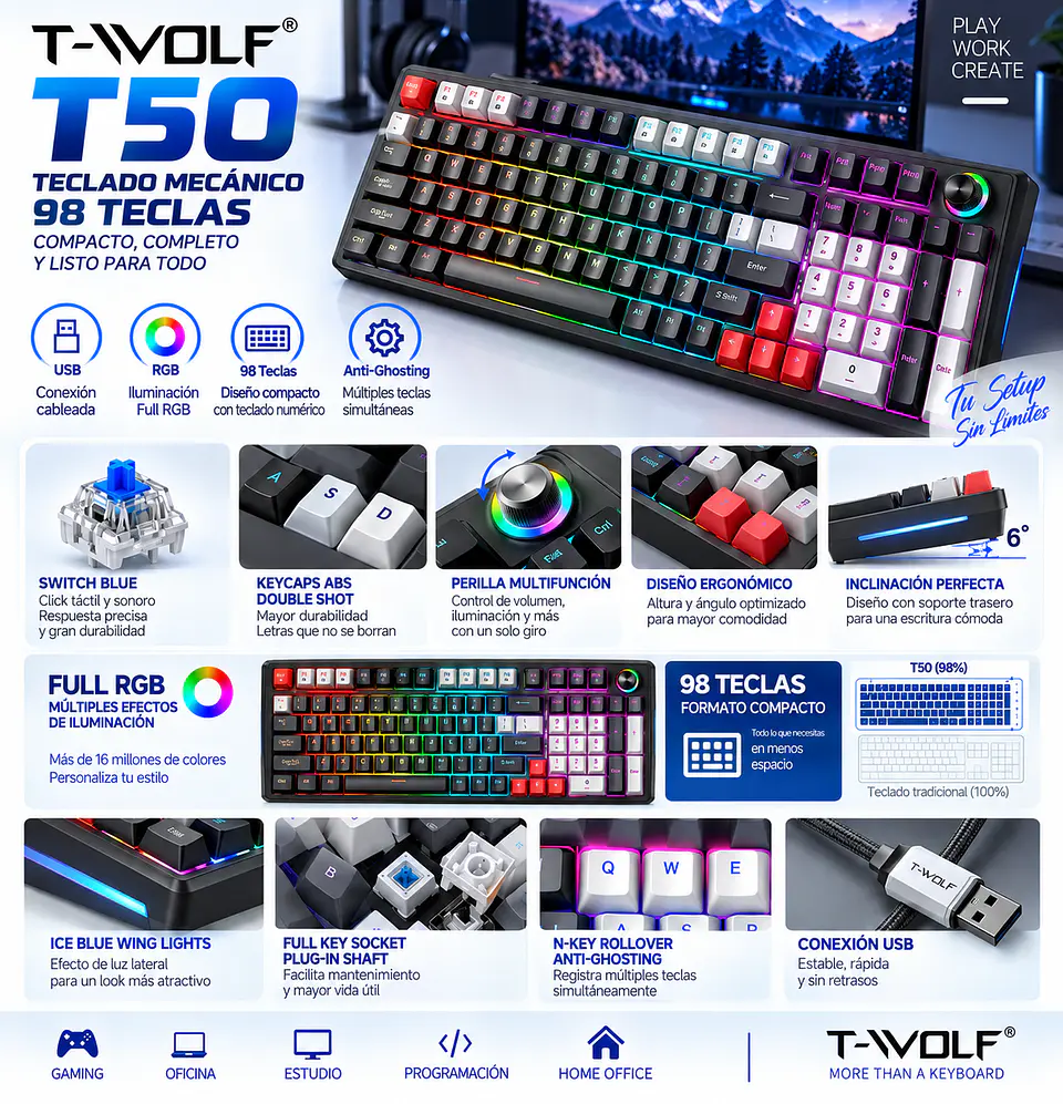 Teclado Mecánico Gamer T-Wolf T50 RGB 98 Teclas Compacto 8