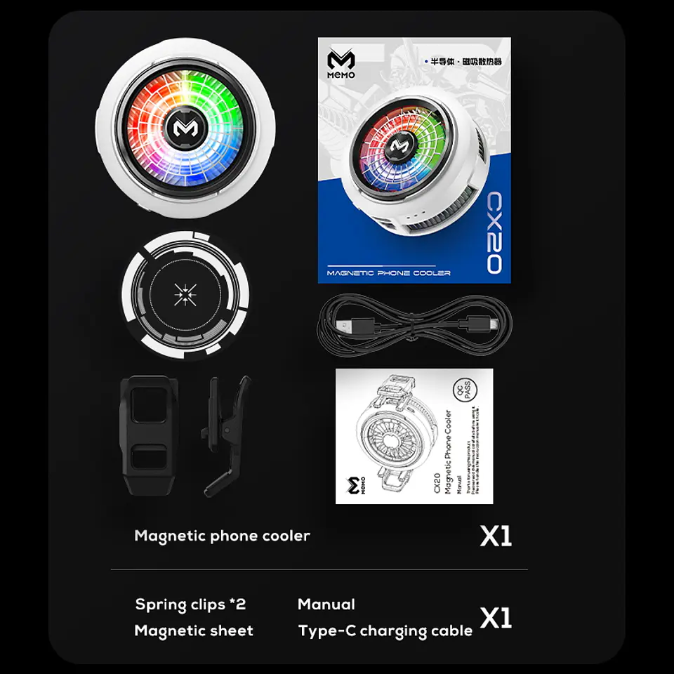 Cooler Gamer Celular MEMO CX20 Magnético Semiconductor 10W RGB USB-C 5500RPM Clip Para iPhone Android 12
