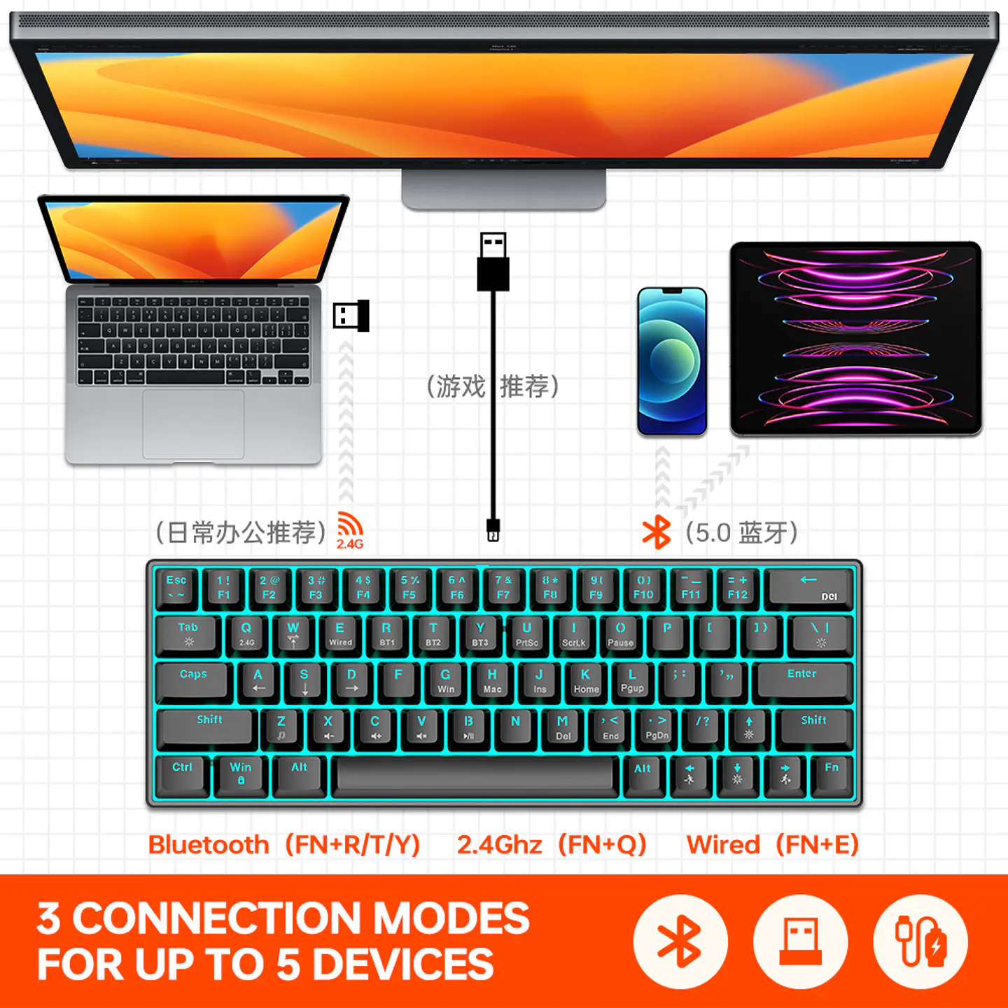 Teclado Mecánico Gamer T-WOLF T30 RGB 63 Teclas Bluetooth/USB  7