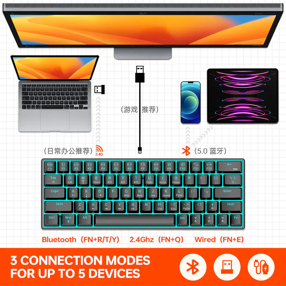 Teclado Mecánico Gamer T-WOLF T30 RGB 63 Teclas Bluetooth/USB  7