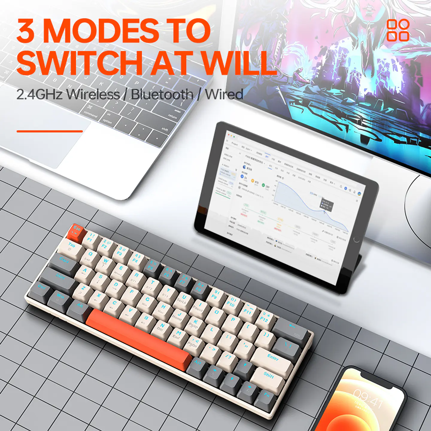Teclado Mecánico Gamer T-WOLF T30 RGB 63 Teclas Bluetooth/USB  9