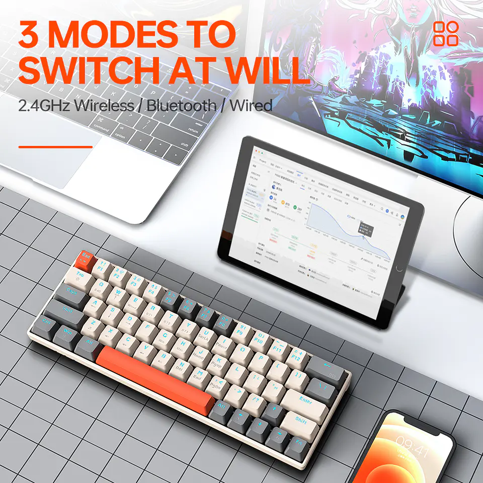 Teclado Mecánico Gamer T-WOLF T30 RGB 63 Teclas Bluetooth/USB  9