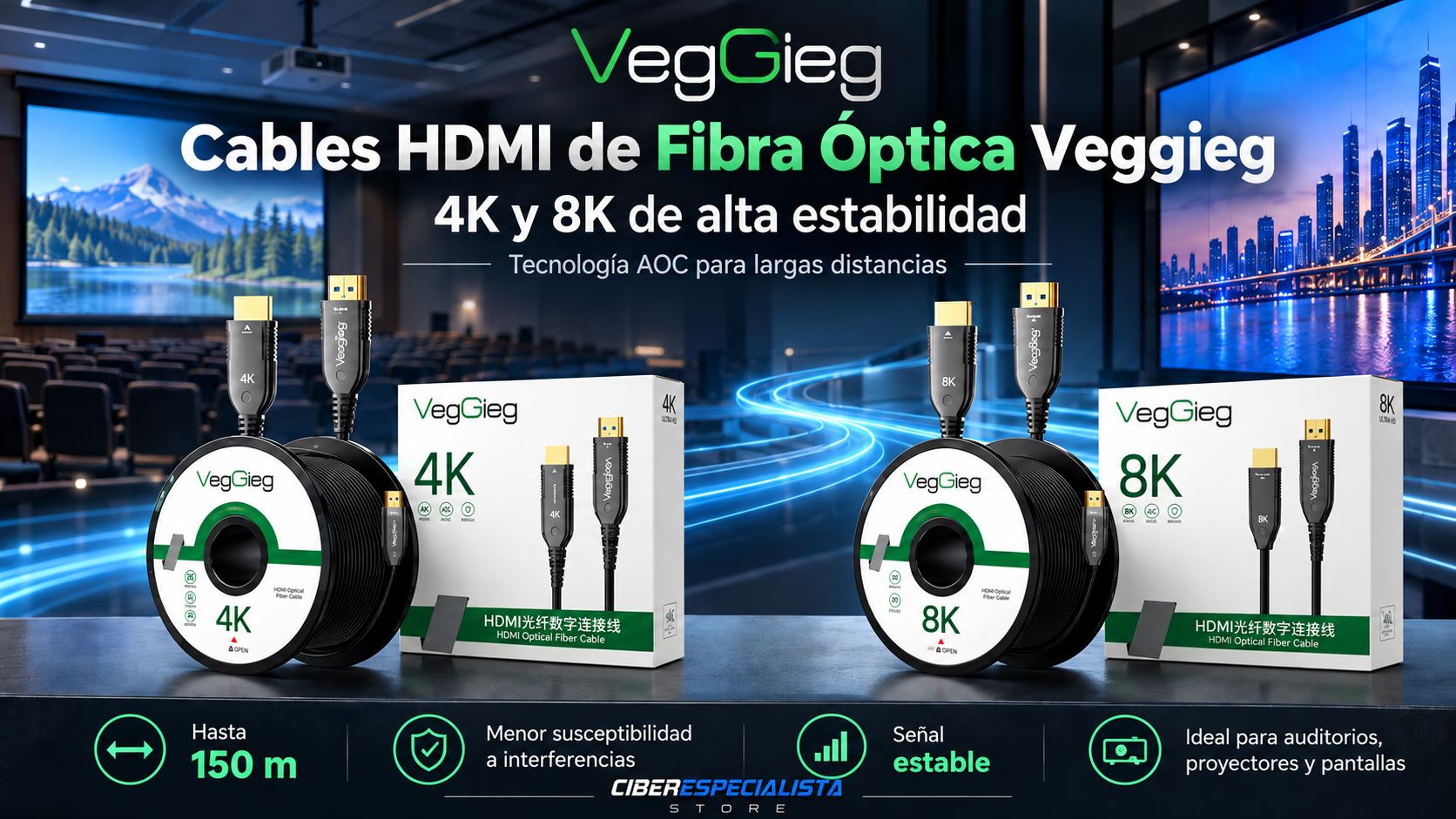 Cable HDMI de fibra óptica Veggieg: señal 4K y 8K estable a largas distancias