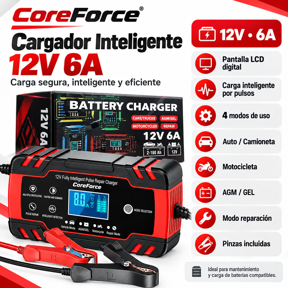 Cargador Inteligente de Baterías 12V 6A con Pantalla Digital LCD 2