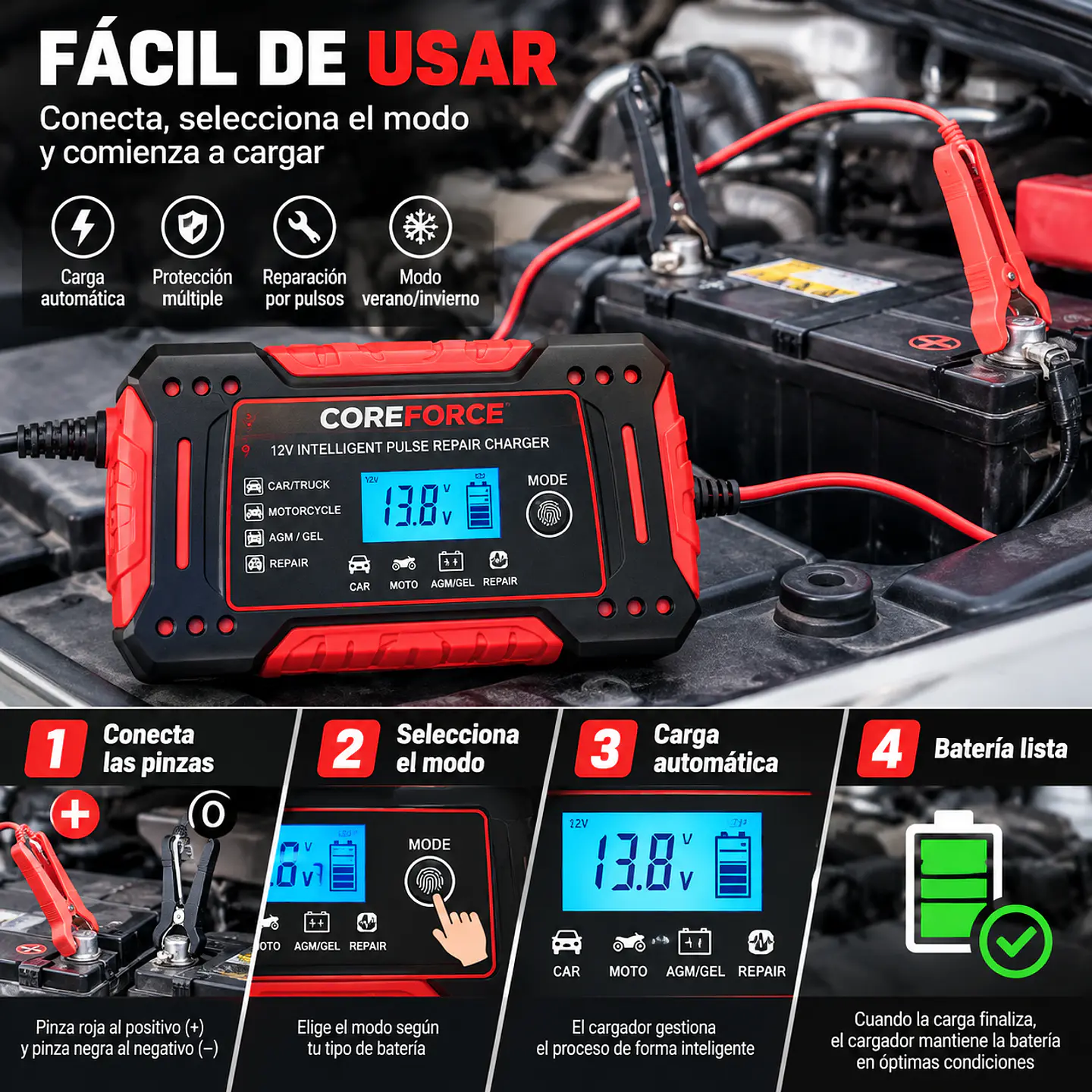 Cargador Inteligente de Baterías 12V 6A con Pantalla Digital LCD 3