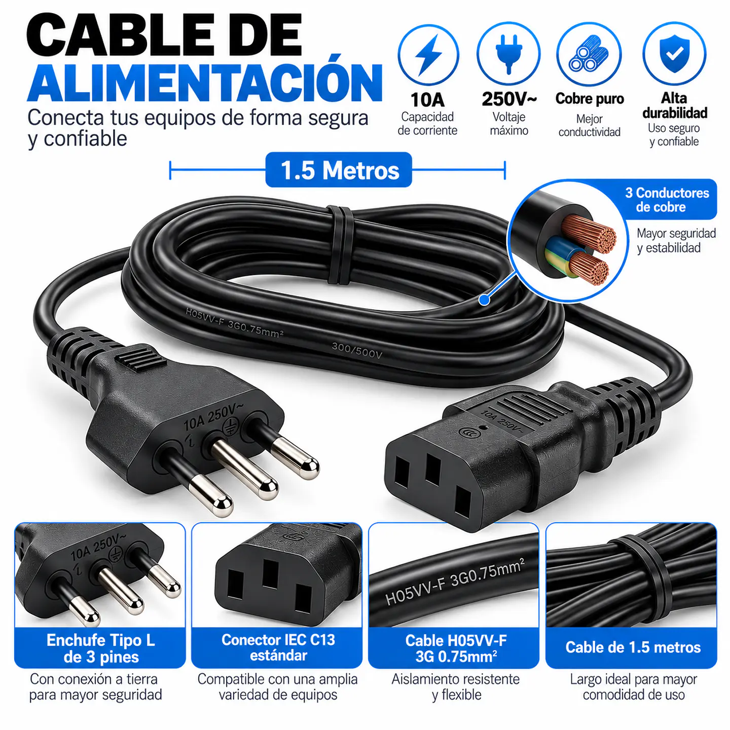Cable de Poder para PC 1,5 Metros Enchufe Chileno 3 Pines a IEC C13 Negro 2